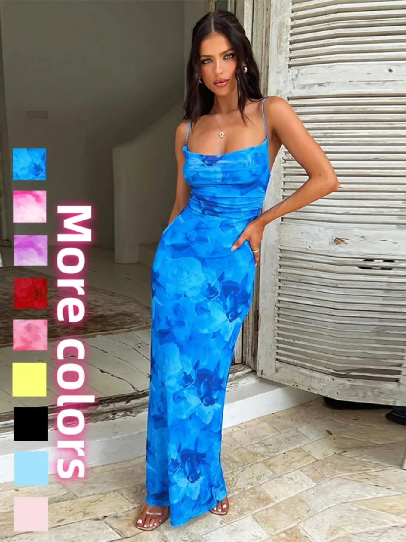 Women's Floral Print Lace Up Bodycon Cami Dress, Adjustable Strap Ruched Sleeveless Bodycon Long Dress, Ladies Clothes for Vacation Holiday Wedding Gu