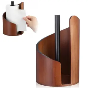 Countertop Paper Towel Holder with Round Wooden Base and Iron Stand, Large Roll Paper Towel Rack, Kitchen Decorative Organizer