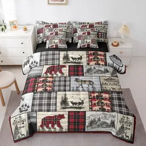Rustic Cabin Comforter Bed Set,7 Piece Red Black Farmhouse Buffalo Plaid Bedding Set,Hunting Wolf Bear Deer Bed Bag with Sheets,Country Wildlife Bed Set