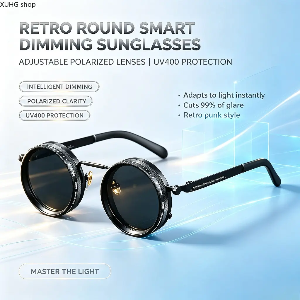 Unisex Photochromic Retro Round Polarized Sunglasses - UV400 Protection, Adjustable Fit, All-Seasons Outdoor Wear for Cyberpunk Y2K Style