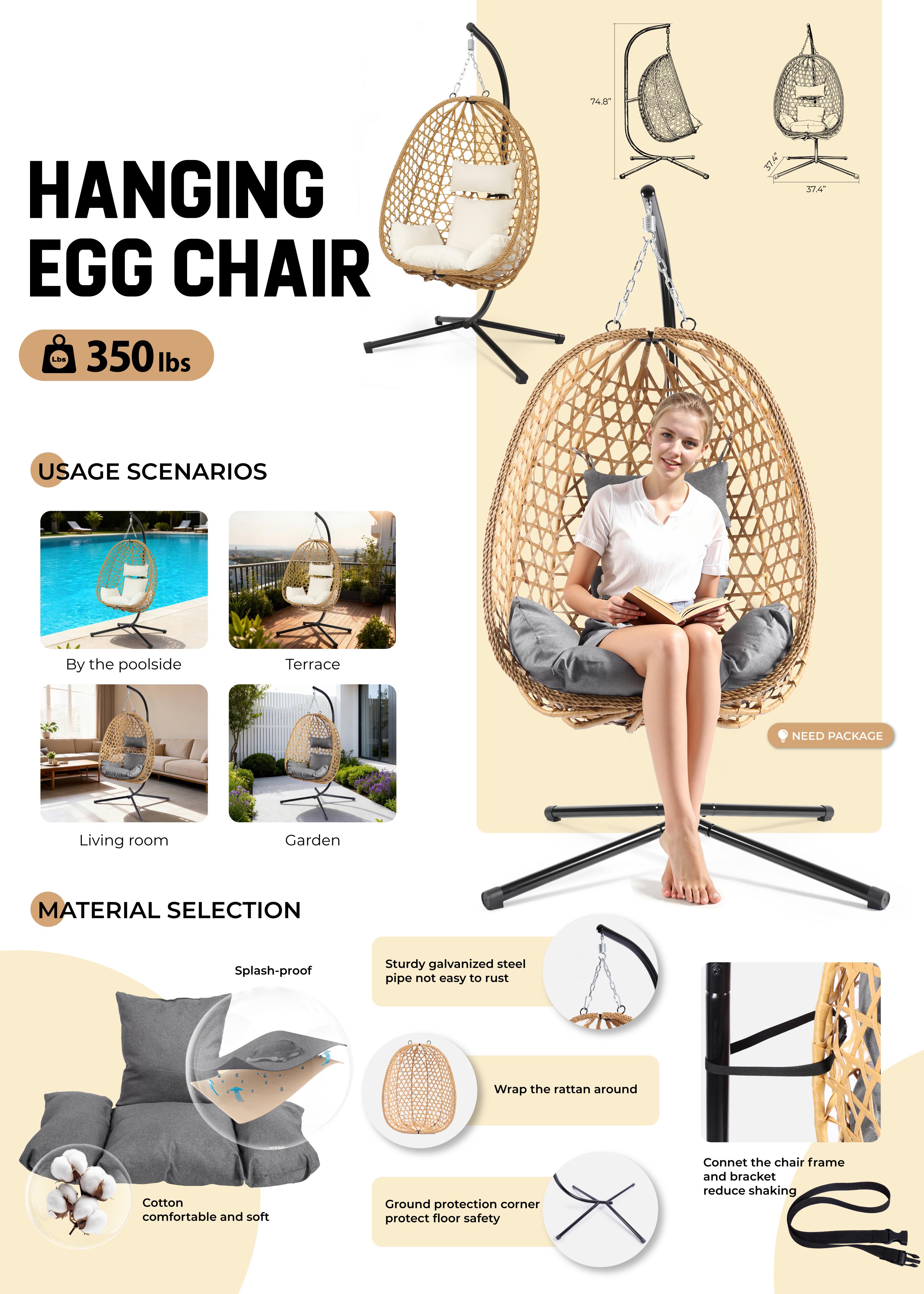 [dealsforyoudays] Egg Patio Swing Chair – Wicker Design, Perfect for Indoor and Outdoor Use, Supports Up to 350LB, Includes Cushion for Extra Comfort