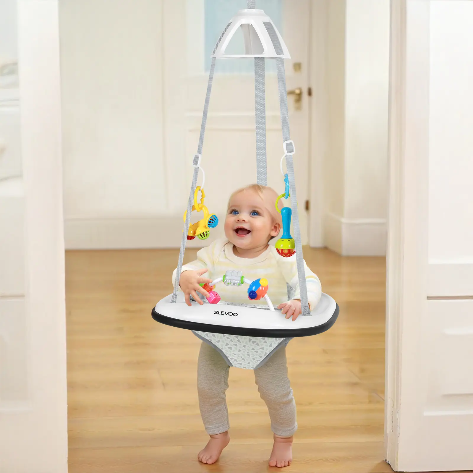 Baby Jumper with Bumper Play Tray & Jingle Rattles for 6+ Months 35.2 lb Max Weight Easy In Out Design Sturdy Safe Bouncing Fun