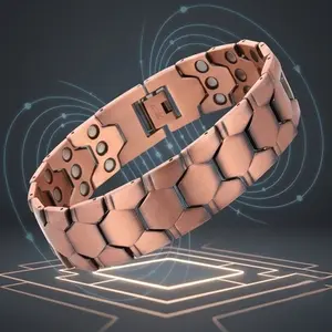 Unisex Retro Copper Magnetic Bracelet for Men and Women, Hexagon-Stitched Solid Copper Bracelet with Double-Row Premium Magnets, Adjustable Wide Link with Sizing Tool