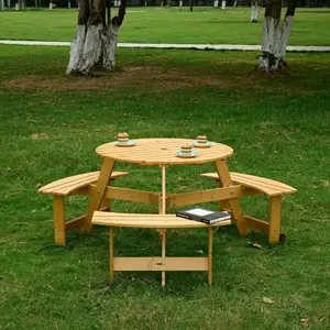 Bellemave Outdoor Picnic Table - 4 Built-In Benches, Circular Design with Umbrella Hole - Suitable for Garden, Backyard Outdoor Furniture Sets