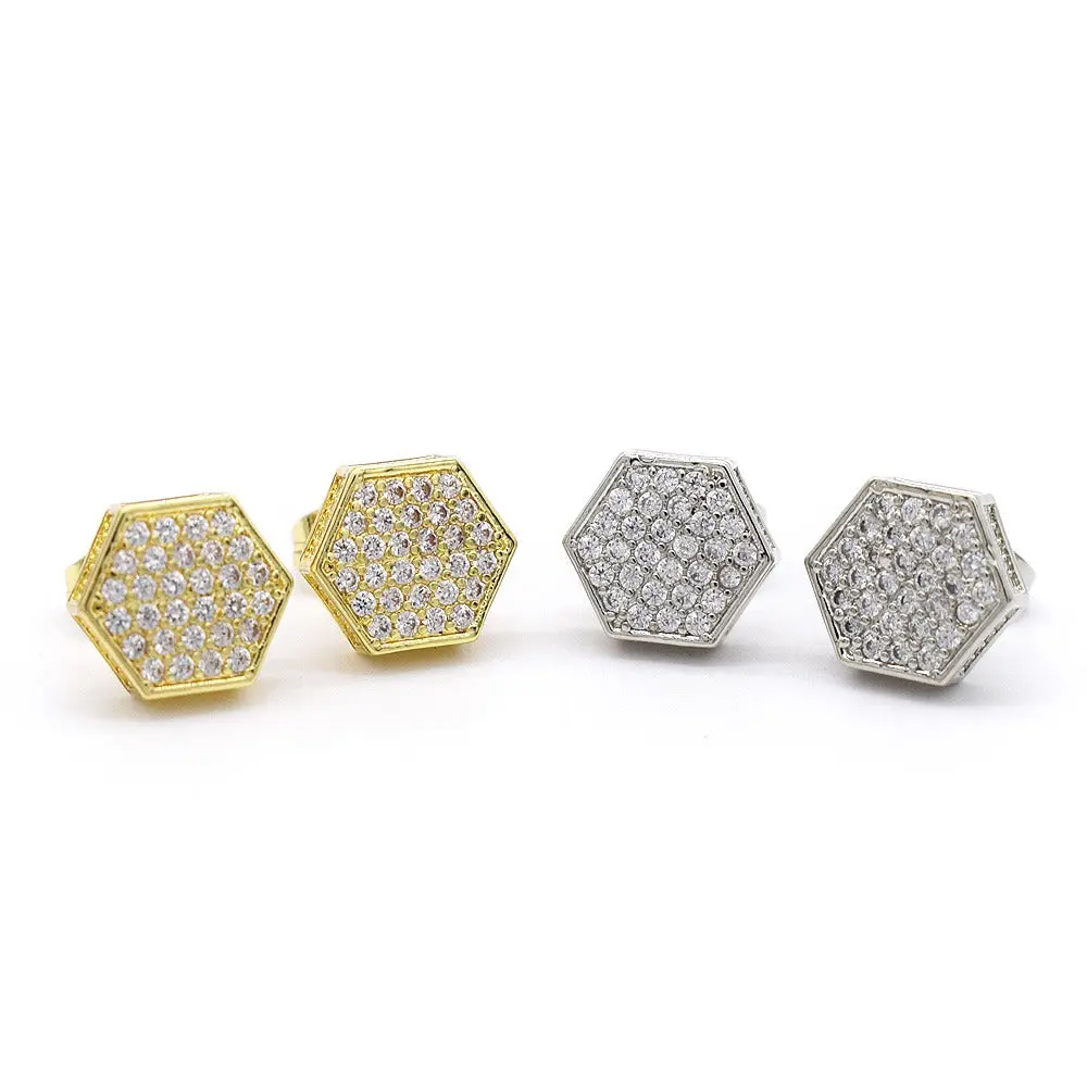 Unisex 18 Karat Layered Gold-Plated Silver Stud Earrings - Hip Hop Style #21, Hexagon Lights Geometric Design, Adult Casual Daily Wear Costume Jewelry (Choking Hazard Small Parts), Adults, Real Gold Plated, Iced Out