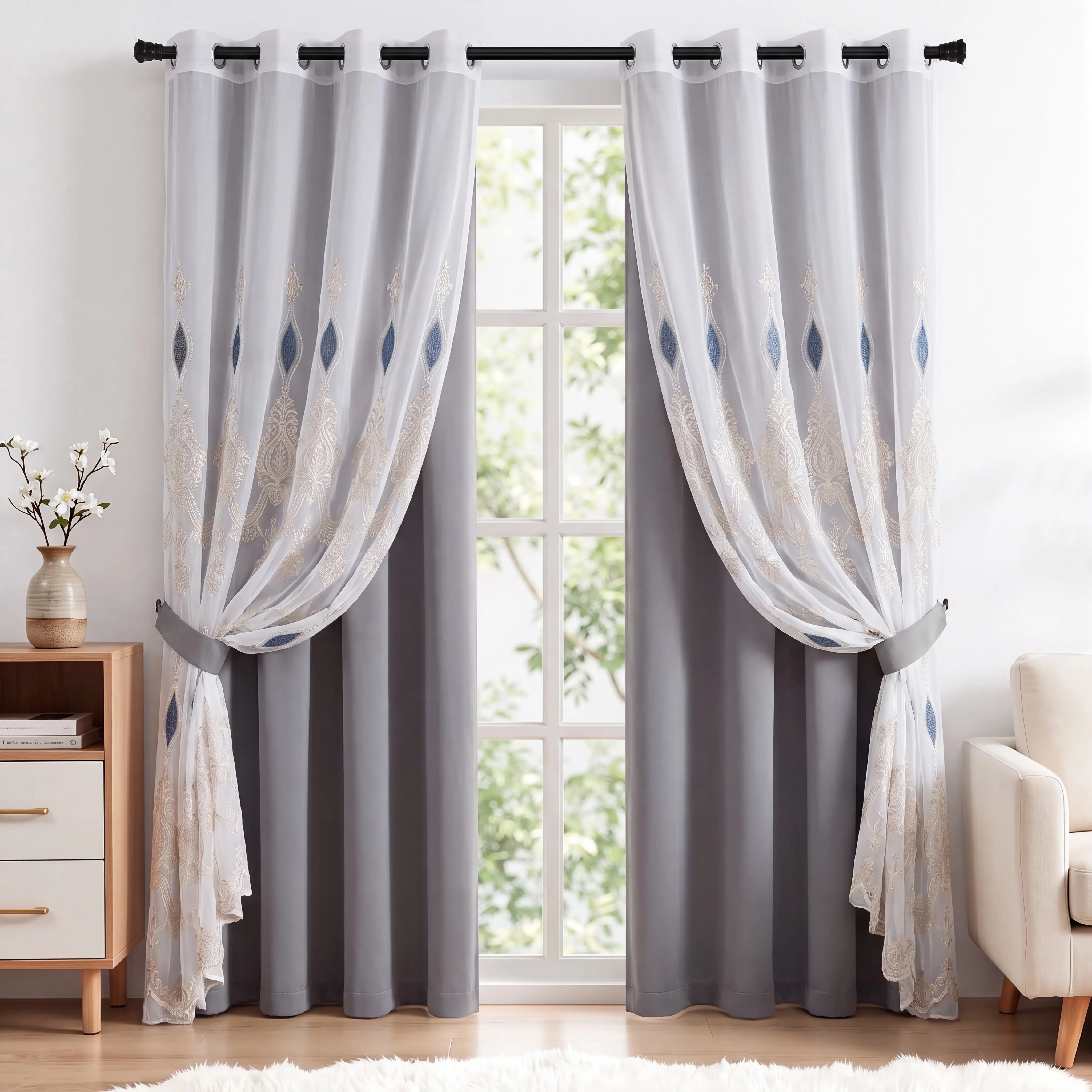 4 Panels Combination Grommets Curtains Including : 2 Panels 52x84 inch : Solid Blackout Curtains & 2 Panels  Luxuary Embroidery and Flocking Curtains  QF222 QF73 noise reduction