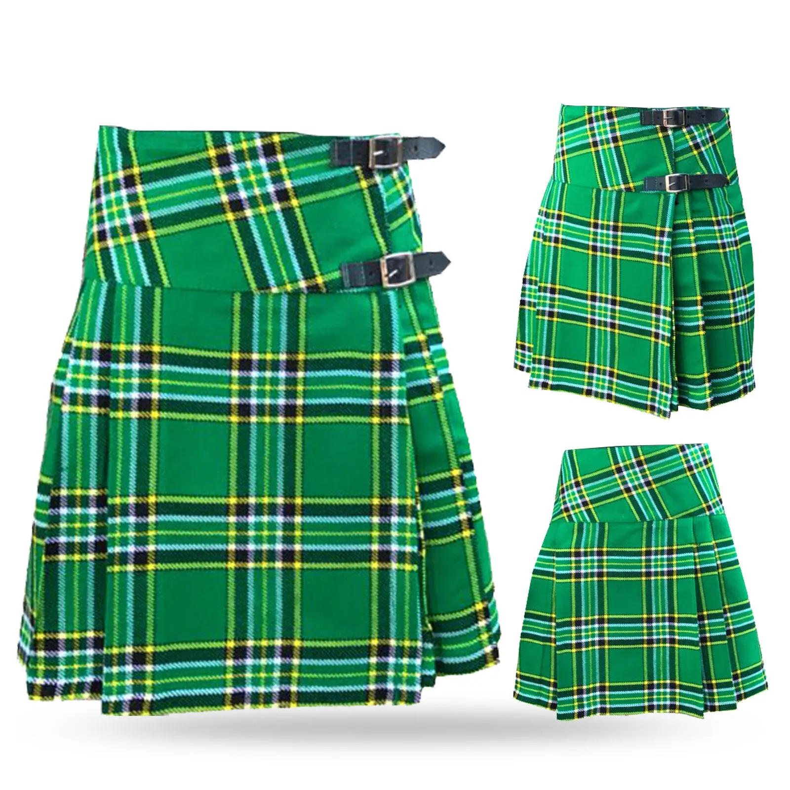 AAR Brand Women’s Billie Wool Plaid Skirt - Irish Green Heritage Tartan, Leather Strap Accent, Women’s Wool Plaid Bottom