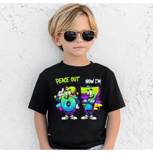 Peace Out 6 Now I'm 7 Shirt, Funny 7th Birthday T Shirt for Boys Girls, Cartoon Number Birthday Tee, Party Outfit, Turning Seven Gift