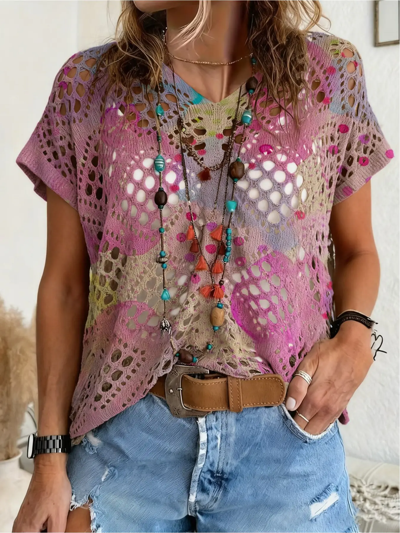Spring/Summer style, V-neck diamond hollow out loose batwing short-sleeve cover-up, contrast color cartoon graffiti print women's knitted top, vacation style, bikini cover-up, Swimwear Coverups, Beachwear Cover Up, Bohemian beach vacation