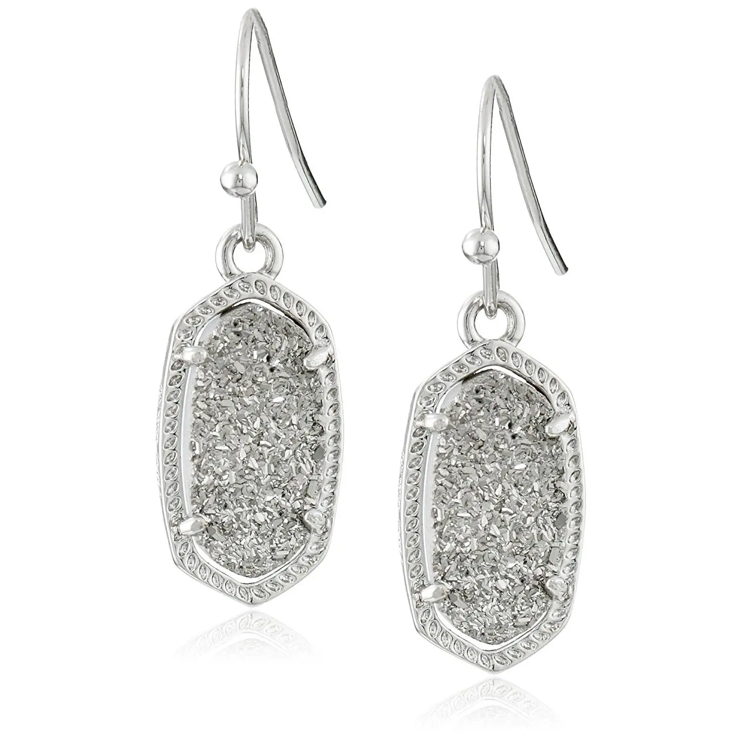 Kendra Scott Signature Lee Rhodium-Plated Platinum Drusy Drop Hook Earrings for Adults, Casual-Party Semiprecious Stone Jewelry, Geometric Faceted Synthetic Coloured Gemstone, Textured Frame, Metal Coating - 4217711450