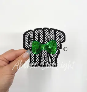 Checkered Comp Day Sequins Green Bow Embroidery Patch ©️