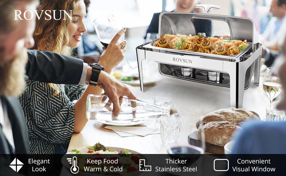 [TOP RATED - FLASH SALE] ROVSUN 9 QT Roll Top Rectangular Chafing Dish Buffet Set with Full-Size Pan & Visible Window