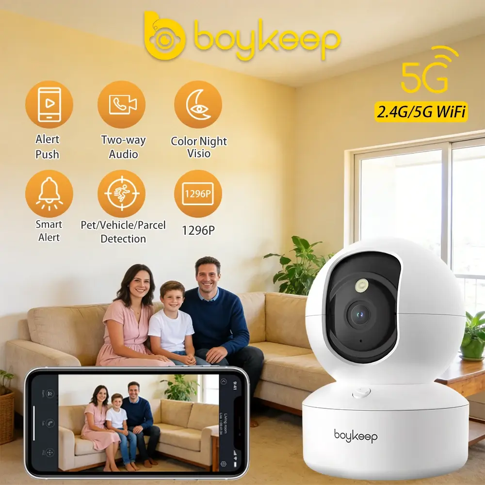 Boykeep 2K Smart Wifi Security Camera Dual Band 5G/2.4Ghz Indoor Surveillance Camera, 360° PTZ, IR Night Vision, Two-Way Audio BoyKeep