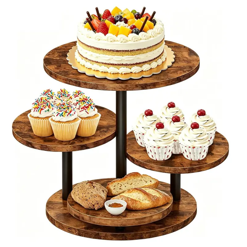 Durable Wooden 4-Tier Round Cupcake Tower Stand - 360° Rotates, 50-Cupcake Capacity, Farmhouse Decor Tiered Trays, Dessert Display for Wedding, Birthday, Baby Shower Parties