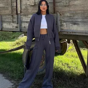 Casual American autumn and winter cardigan sportswear women's fashion street style long-sleeved jacket and long pants two-piece set