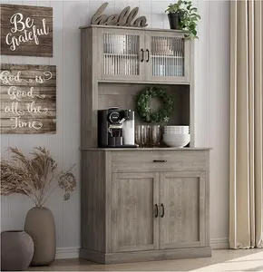 Kitchen Pantry Cabinet 71" Tall Kitchen Hutch Storage Cabinet with Microwave Stand Freestanding Buffet Cabinet with Shelves and Glass Doors for Home Dining Room