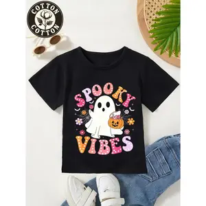 Youngsters' Halloween Cotton T-Shirt - Spooky Ghost & Pumpkin Design with "Spooky Vibes" Text, Soft & Breathable for Boys & Girls, Perfect for Parties, Daily Wear, and Halloween Celebrations, Halloween Shirts for Youngsters