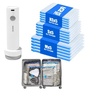 【2026 Upgraded】Multi-Size Waterproof Reusable Vacuum Storage Compression Bag Set, USB Rechargeable Handheld Pump with Built-In Battery, 140L/Min High Suction Airtight Seal Air Removal, Free Manual Air Pump Included