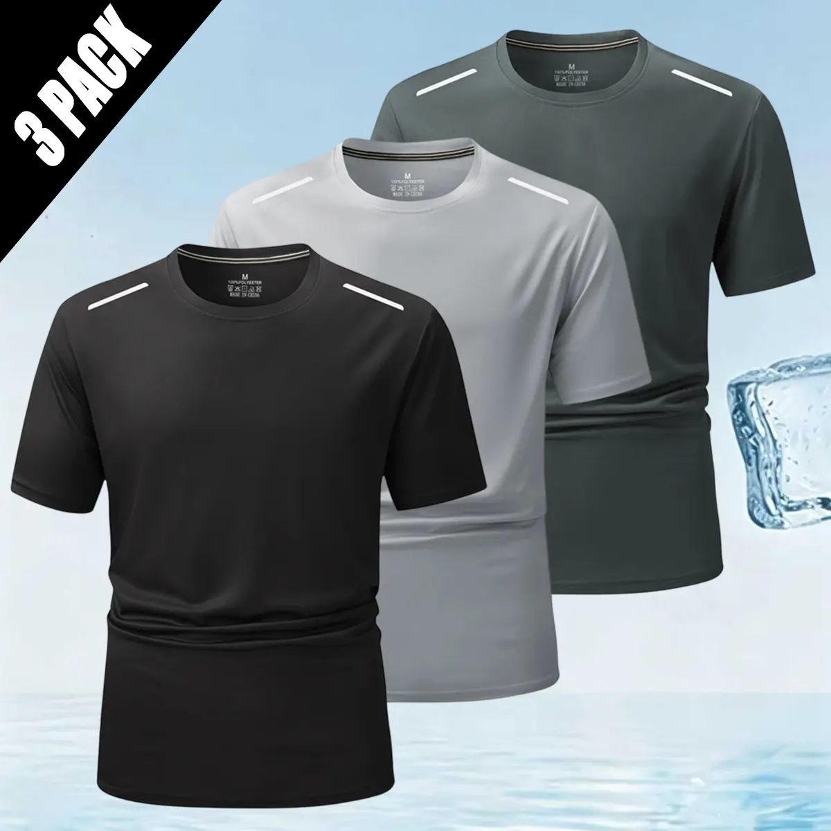 3-Pack Men's T-Shirts, Solid Polyester Dry Effect Short-Sleeve Crew Neck with Reflective Details for Running & Fitness, Dry Effect Men's Short-Sleeve T-Shirts, Flexible Stretch Men's Short-Sleeve T-Shirts