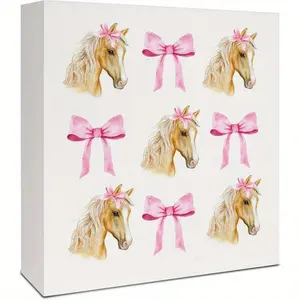 Horse Signs, Pink Coquette Bow Horse Wooden Box Sign, Horse Decor for Girls Room, Horse Gifts for Girls, Pink Horse Wood Signs for Home Dorm Office Desk Table Shelf Decor, 5x5 Inch