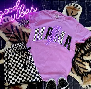 electric neon purple checkered mama casual tee
