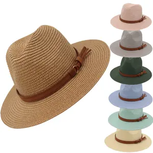 Summer Beach Sun Hat Men's Wide brimmed Panama Hat Straw Hat Fedora Women's UPF50 Sunscreen Hat