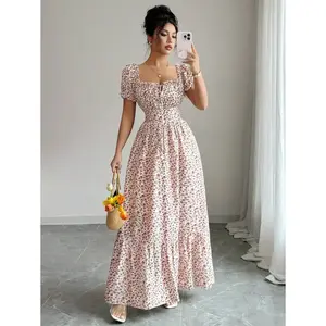 Women’s Digital Print Ruched Front Tie-Back Lace-Up Waist Slimming Maxi Dress – Elegant Vacation & Date Dress GARMENTARY