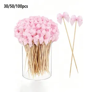 30/50/100 Bamboo Bow Tie Picks, Wedding Party Decorations, Birthday Cake Topper, Cupcake Decoration