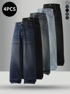 4-pack men’s jeans for autumn/winter, high cotton content, simple versatile straight-leg classic vintage jeans—men’s pants suitable for everyday commuting and casual wear.