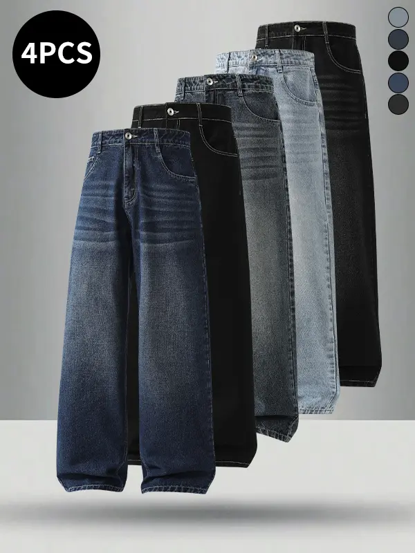 4-pack men’s jeans for autumn/winter, high cotton content, simple versatile straight-leg classic vintage jeans—men’s pants suitable for everyday commuting and casual wear.