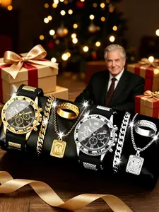 8pcs Men's Fashion Sport Watch Set, Round Dial, 2 Colors, Business Casual, Matching Bracelet, Necklace, Ring, Ideal Gift