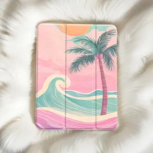 Trendy and fashionable painted tropical beach coconut tree and wave pattern anti-drop tablet case, with pen slot and foldable design,Suitable for iPad Mini, Air, Pro 4,5,6,7(2017,2018,2019,2020,2021,2022,2023,2024,2025 models),and Samsung S6,7,8,9,10FE +