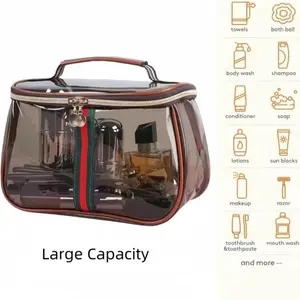 Vintage Clear Makeup Bag Large Capacity Waterproof Cosmetic & Toiletry Organizer, Retro Transparent Vanity Bag with Top Handle, Stylish Travel Storage Gift for Her