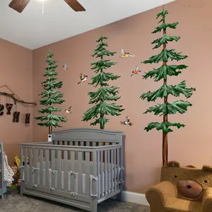 A set of 4 pieces (30*90cm*4pcs) hand-painted pine tree and bird wall stickers for living room, bedroom and home background decoration BM6135-ZY