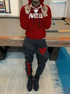 Men's Fashion Casual Two-Piece Set Graphic Tracksuit, Heart & Letter Pattern Hoodie and Drawstring Wide Leg Pants, Spring Fall Winter Sports Wear