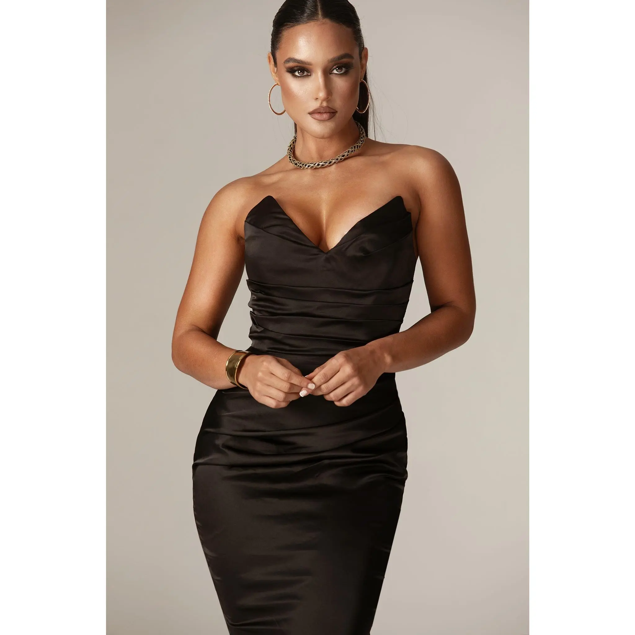 Nina Mermaid Corset Maxi Gown - Black | Peaked Neckline Bodycon Dress with Boned Bodice - Fishtail Shape Nina Mermaid Corset Maxi Gown - Black | Peaked Neckline Bodycon Dress with Boned Bodice - Fishtail Shape