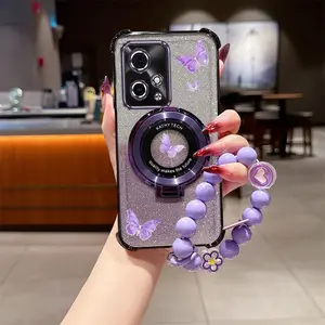 Honor 90 GT 5G Popular Series Love Bead Strap Lanyard Phone Holder Case For Compatible With Huawei Honor 90 GT 5G Transparent Glitter Shiny Cover and Impact Resistant Purple Pearl Elegant Butterfly Protector Cases