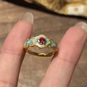 Vintage Blue Flower Enamel Drip Glazed Ruby Ring New Chinese Elegant Noble Palace Style Index Finger Ring
