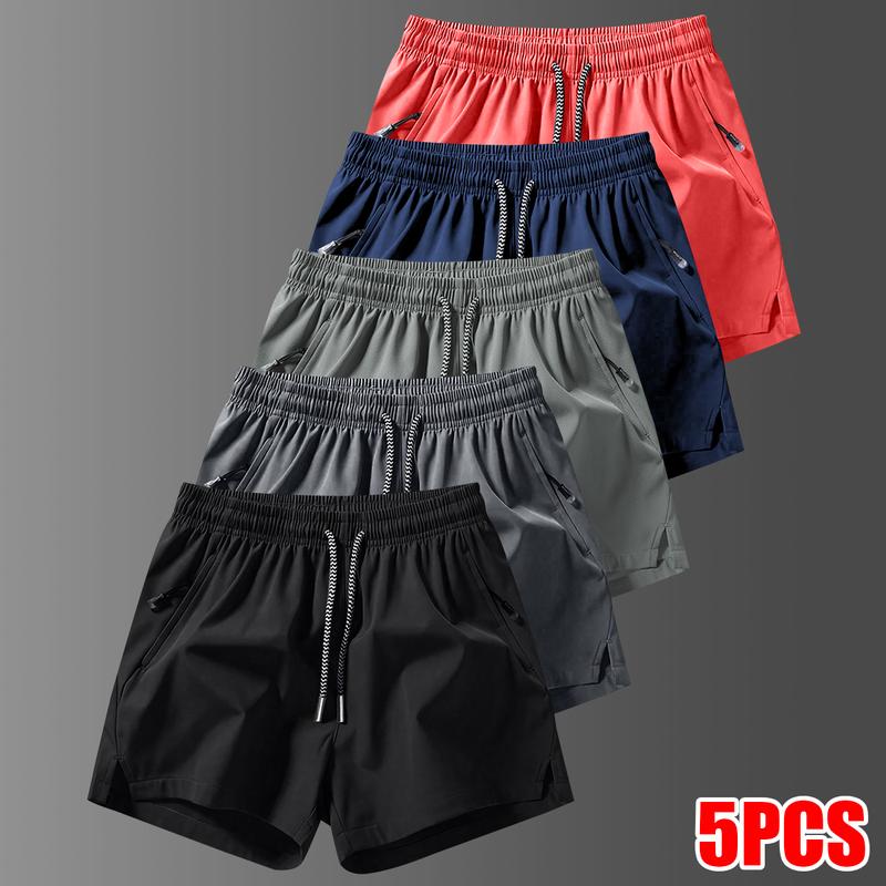 Men's 5-Pack Solid Color Casual Shorts with Zipper Pockets, Summer Fashion Drawstring Athletic Shorts, Suitable for Summer Gym Workouts, Running, and Outdoor Activities, Comfortable and Adjustable