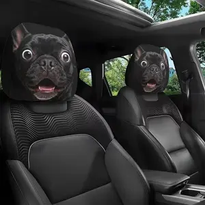 2Pcs Funny Black French Bulldog Face Print Car Headrest Covers, Universal Fit Soft Auto Seat Headrest Protectors, Cute Dog Design Automotive Interior Accessories for Daily Commute Road Trip Decor
