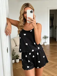 Black White Heart Print Milk Silk Pajama Set, Pyjamas - Soft Ruffled Hem Spaghetti Strap Cami Loungewear for Women, Cute Heart Pattern Summer Sleepwear, Breathable Two-Piece PJs, S-XL