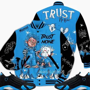 14 University Blue Outfits, Black University Blue 14s Varsity Jacket, Scary Trust No One Unisex T-Shirts To Match Sneakers Streetwear