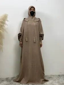 Women's Solid Color Batwing Sleeve Drawstring Hooded Dress, Casual Shirred Cuff Long Sleeve Hooded Dress for Spring & Fall, Women's Islamic Clothing, Muslim Dress, Modest Solid Color Maxidress, Muslim Kaftan Dress for Daily Wear