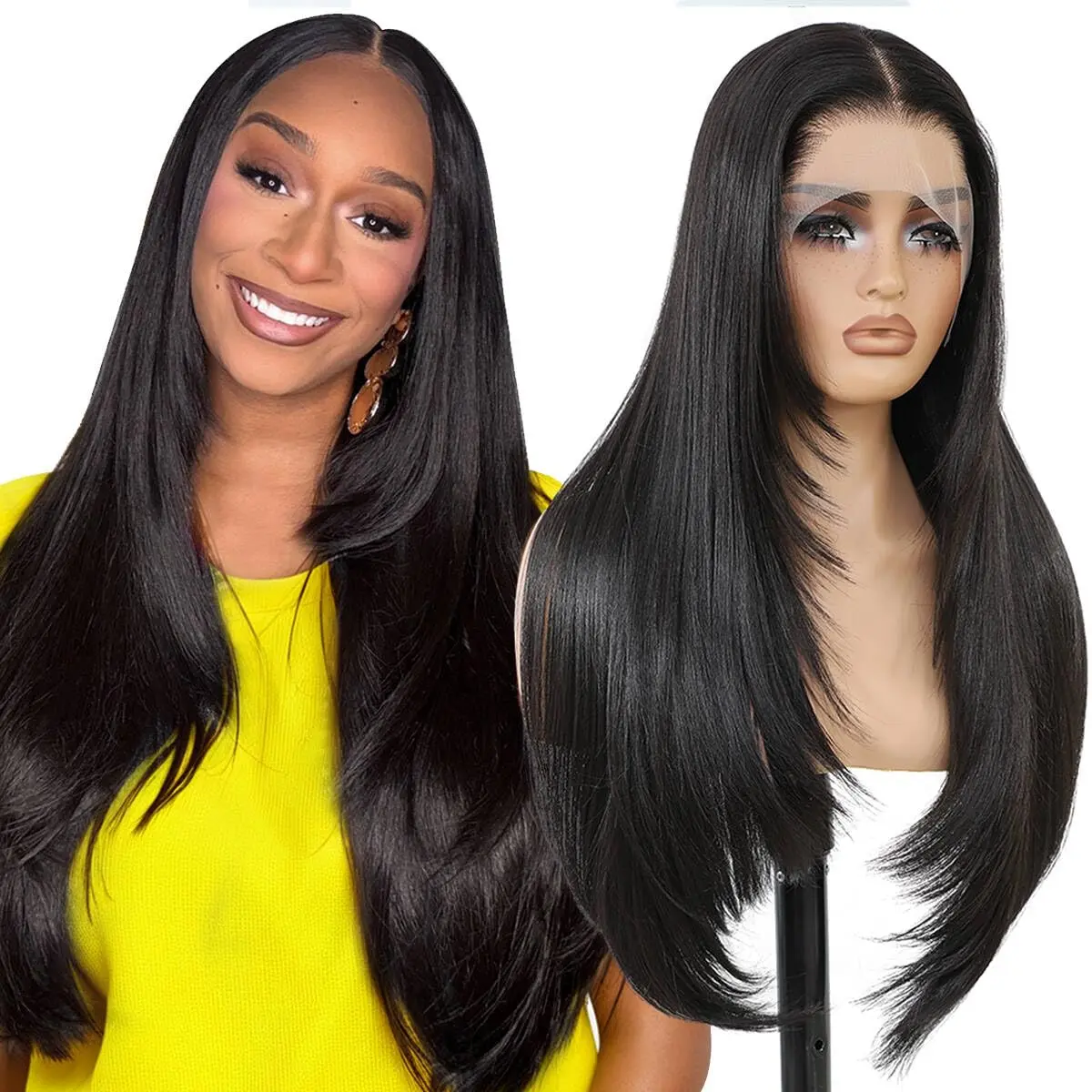 26Inch Black Synthetic Lace Frontal Wig - 13x4 HD Lace, Wear-and-Go, Glueless, Pre-Plucked, Pre-Cut, Long Layered Straight Hair, Heat Resistant, 3-Second Wear for Beginners (Synthetic Material Wig), Lace Frontal Wigs, Heat Resistant Wigs