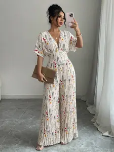 Printed Deep V-Neck Batwing Sleeve Pleated Elegant Women Jumpsuit