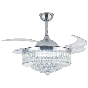 36 Inch Crystal Ceiling Fans with Lights, Modern Dimmable Fandelier LED Remote Control Retractable Invisible Blades Indoor Reversible Ceiling Light Kits with Fans for Decorate Living Room Bedroom