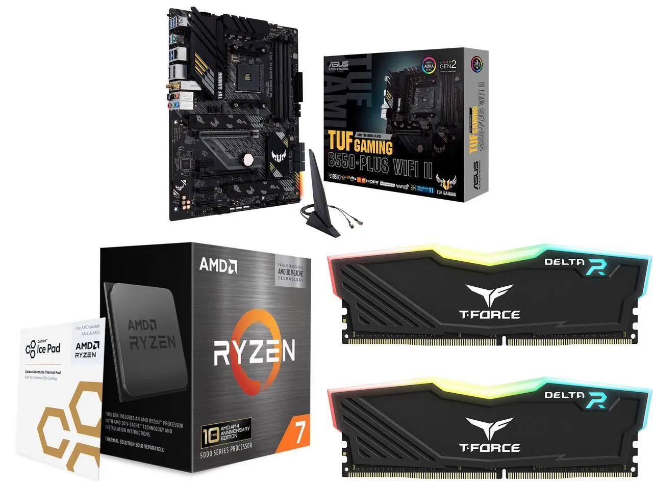 ASUS TUF GAMING B550-PLUS WIFI II AM4 ATX Motherboard, AMD Ryzen 7 5800X3D 10th Anniversary Edition 8-Core 3.4 GHz CPU, Team T-Force Delta RGB 16GB (2x8GB) DDR4 3200 Desktop Memory