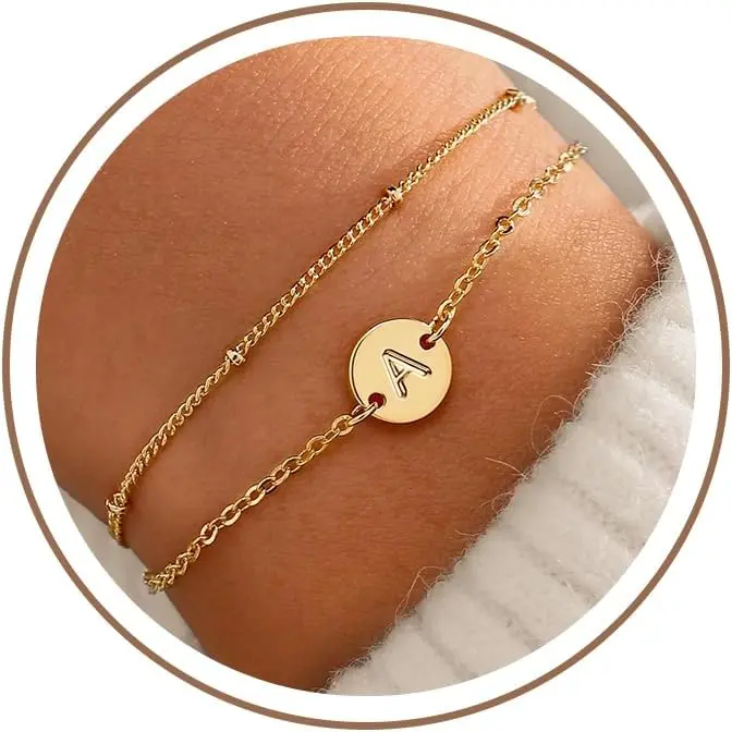Gold Initial Bracelets for Women Girls Jewelry Gifts Trendy - Dainty 18K Gold Plated Disc Monogram Letter A-Z Initial Bracelets for Women Girls Teens Personalized Letter Bracelet Birthday Gifts