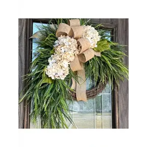 Rustic Hydrangea Flower Wreath Hanging Decor, Farmhouse Home Bowknot Wall Floral Decor Christmas Decorations Room