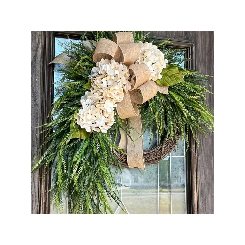 Rustic Hydrangea Flower Wreath Hanging Decor, Farmhouse Home Bowknot Wall Floral Decor Christmas Decorations Room